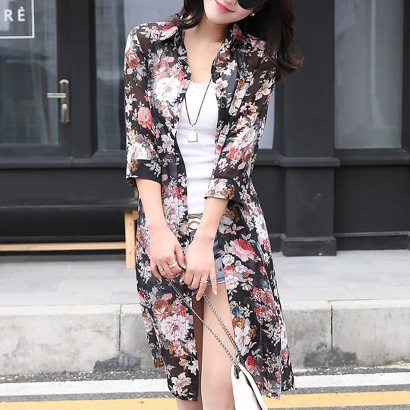 Summer Sun Protection Women Long Blouses Super Thin Floral Chiffon Cardigan Half Sleeve Loose Flower Print Blouse Shirts 4152