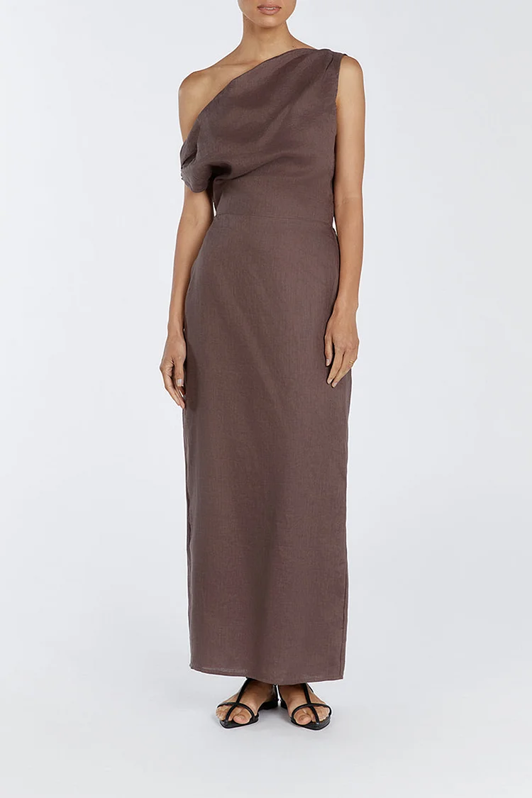 One Shoulder Folds Cinch Waist Sleeveless Plain Linen Slit Maxi Dresses [Pre Order]