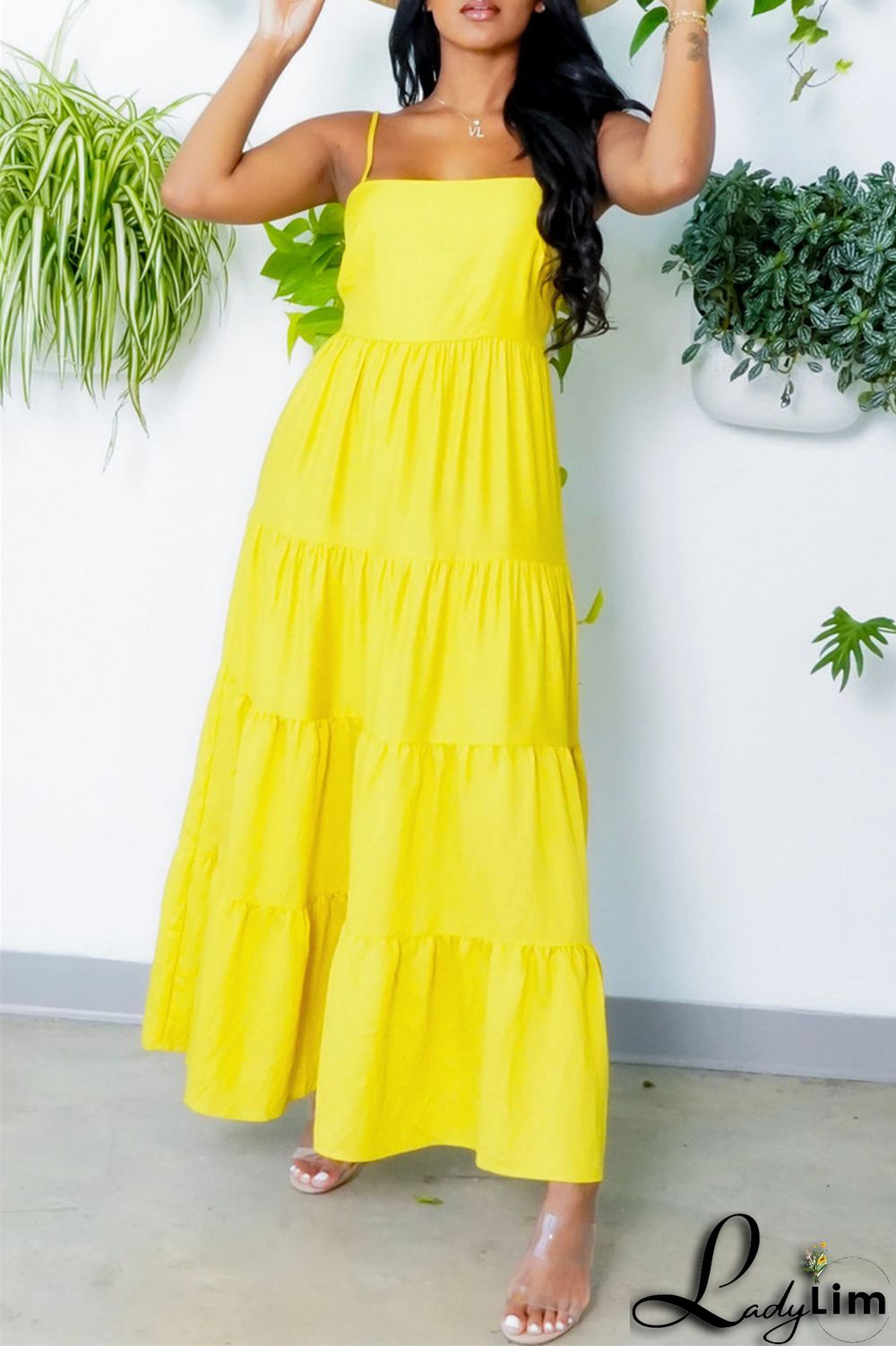 Yellow Fashion Casual Solid Backless Spaghetti Strap Long Dress