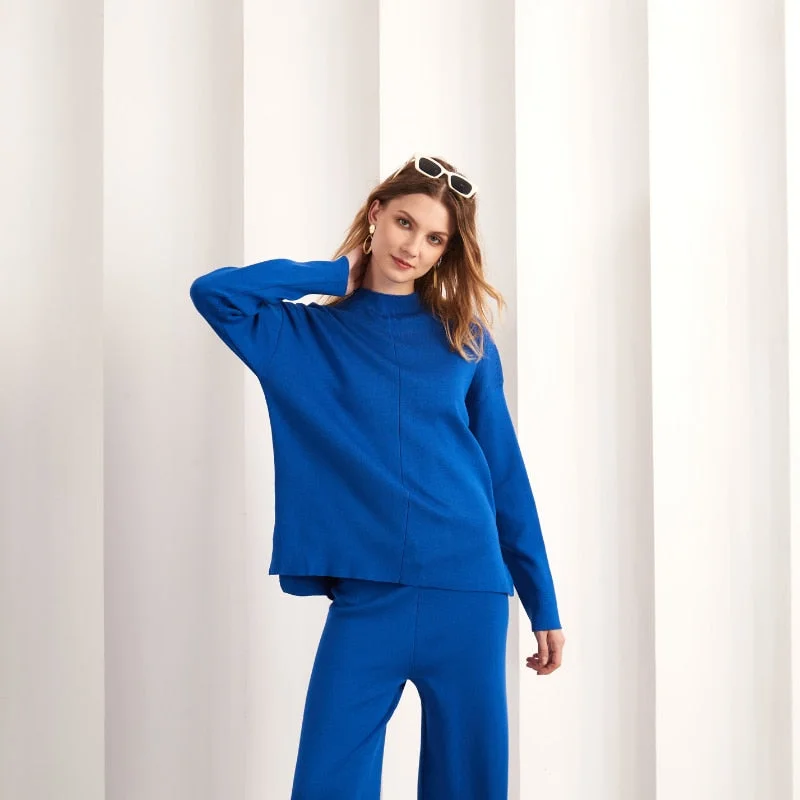 Abebey Casual Lounge Wear Winter Outfits Women Knit Matching Tops and Pants Suits Long Sleeve Tracksuit Two Piece Set For Women 2023