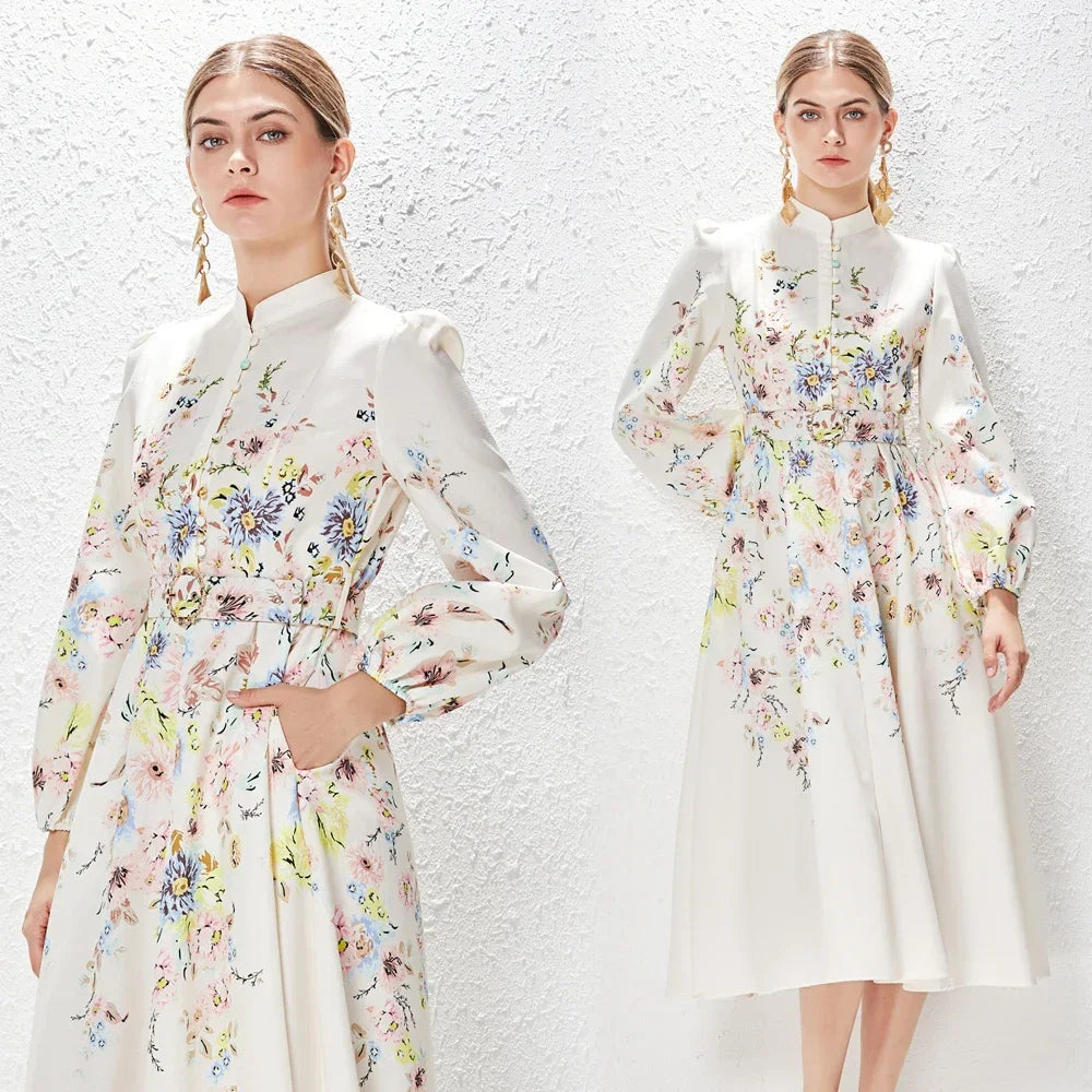 Llyge Australian Single-Breasted Mouth Stand Collar Positioning Flower Print Spring and Summer Australia New Dress llyge