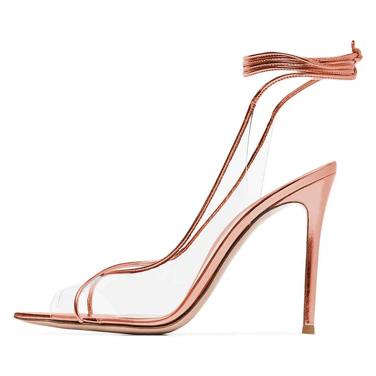 Rose Gold transparent Heels Ankle Strap Stiletto Heel Sandals |FSJ Shoes