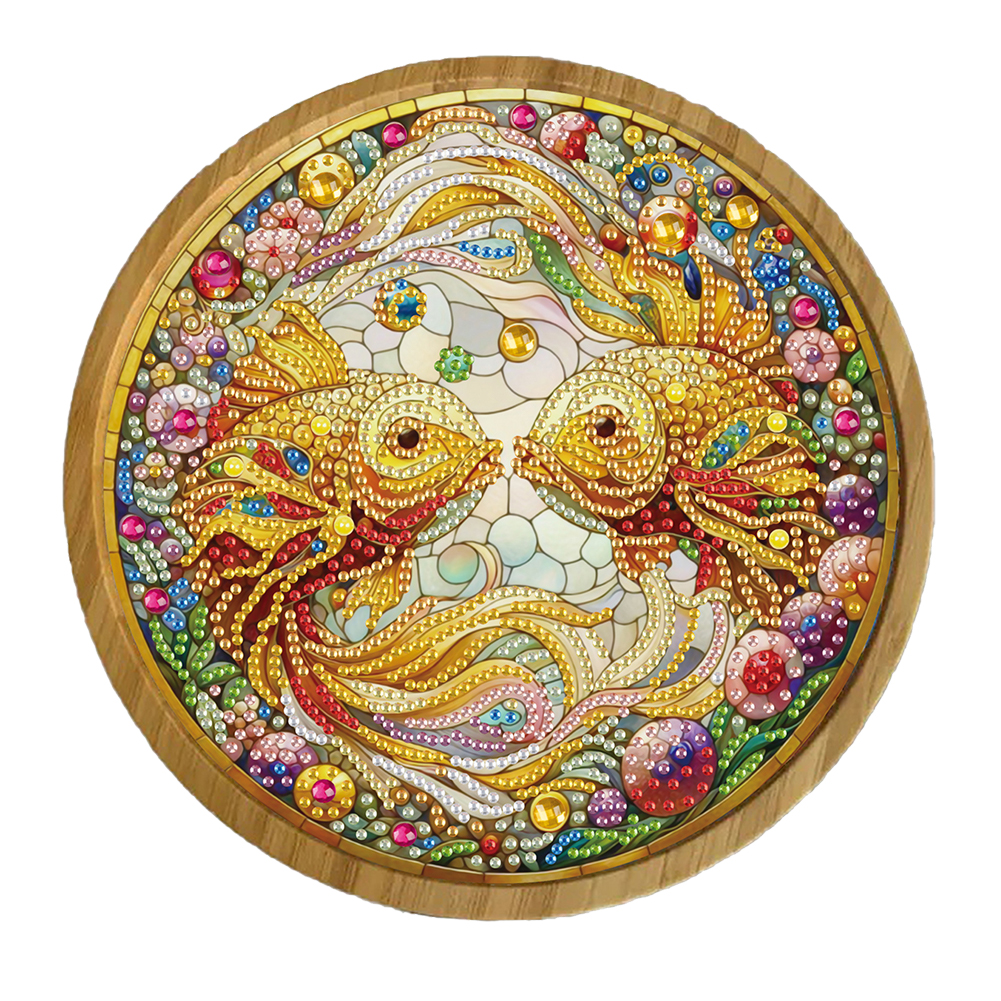 DIY Diamond Painting Kit Round Wooden Tray Diamond Painting Tray for Home (Fish)