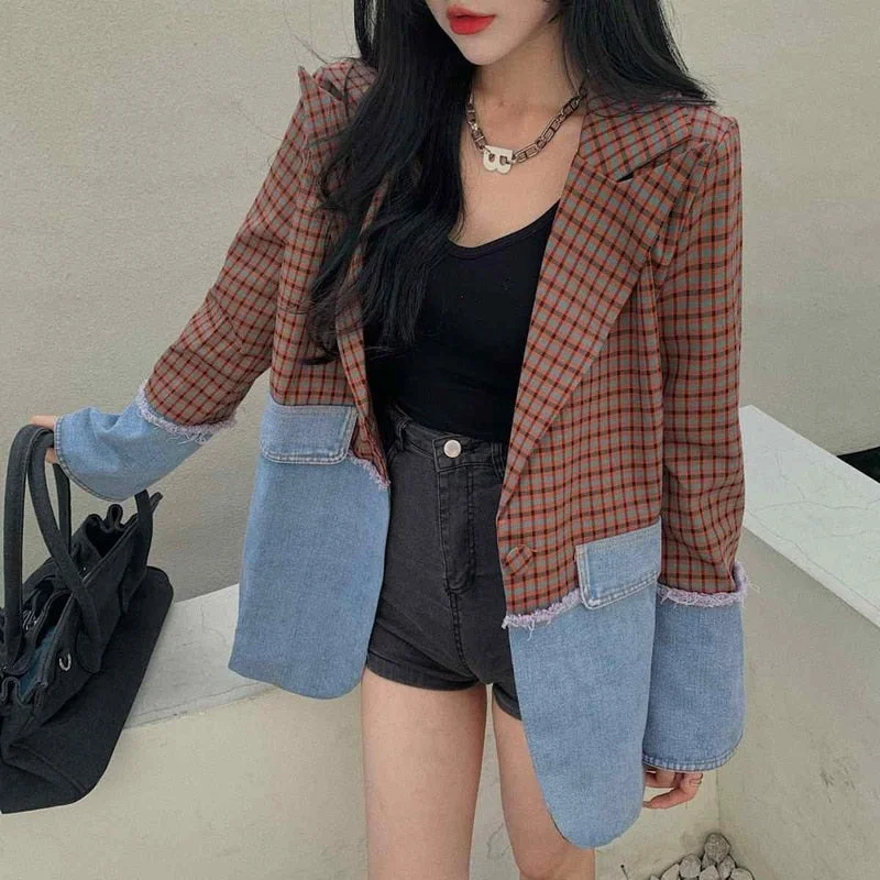 Women Blazers Patchwork Design Vintage Retro Single Button Long Sleeve Loose Casual Korean Style Chic Outwear Ulzzang Fashion