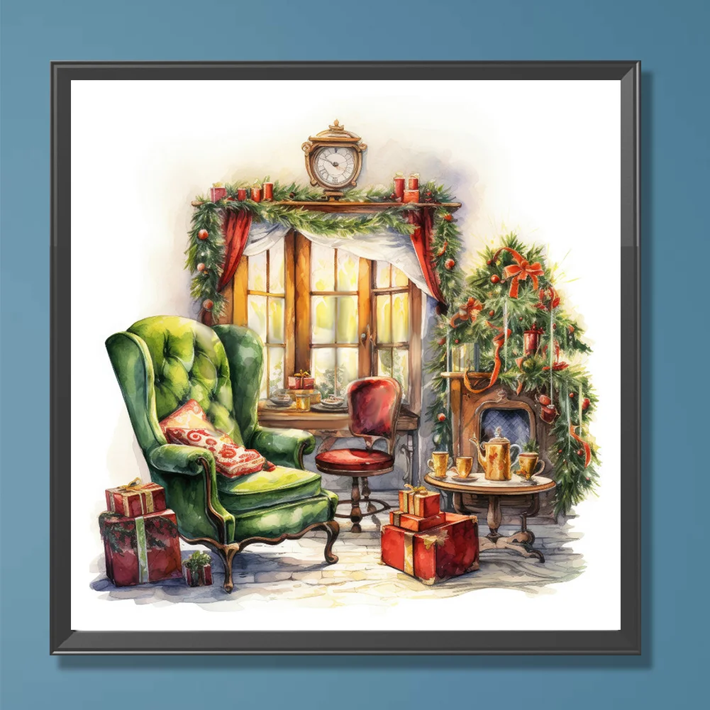 Full Round Diamond Painting 30*30cm - Green Sofa With Floor-To-Ceiling Windows