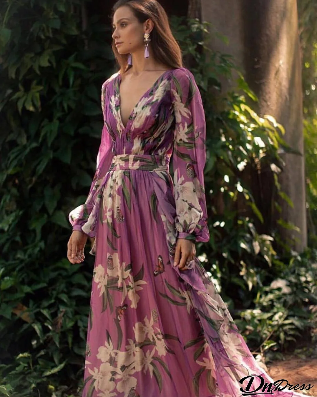Women v-neck long-sleeve printed dress