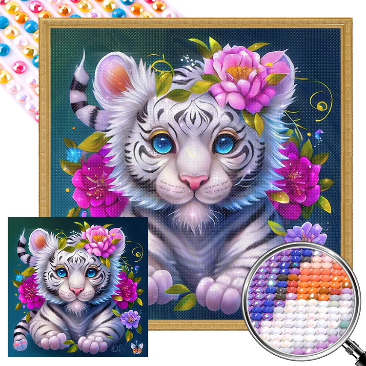 Partial AB Drill - Full Round Diamond Painting - Flower And Little White Tiger 40*40CM