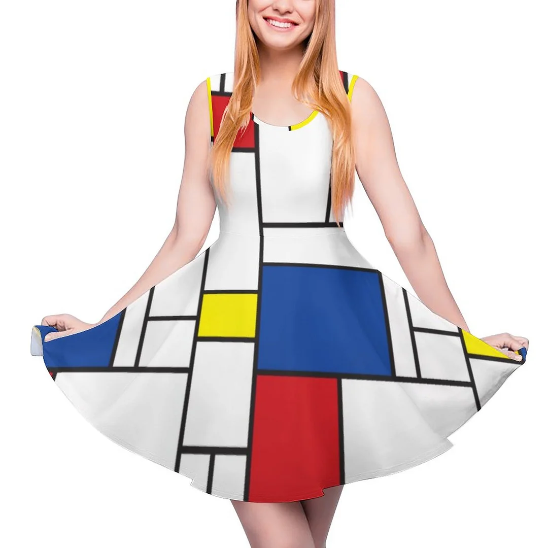 Mondrian Minimalist Geometric De Stijl Modern Art Women Sleeveless Scoop Neck A-Line Skater Sundress Flare Midi Tank Sun Dress