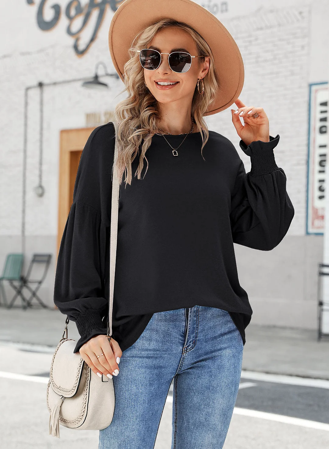 MIHOLL Womens Long Sleeve Top Crew Neck Ruffle Lantern Sleeve Casual Loose Blouse T Shirts