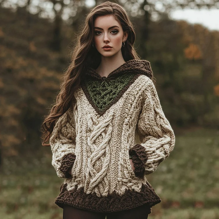 Women's Irish Celtic Knotted Jacquard Pocket Hooded Sweater