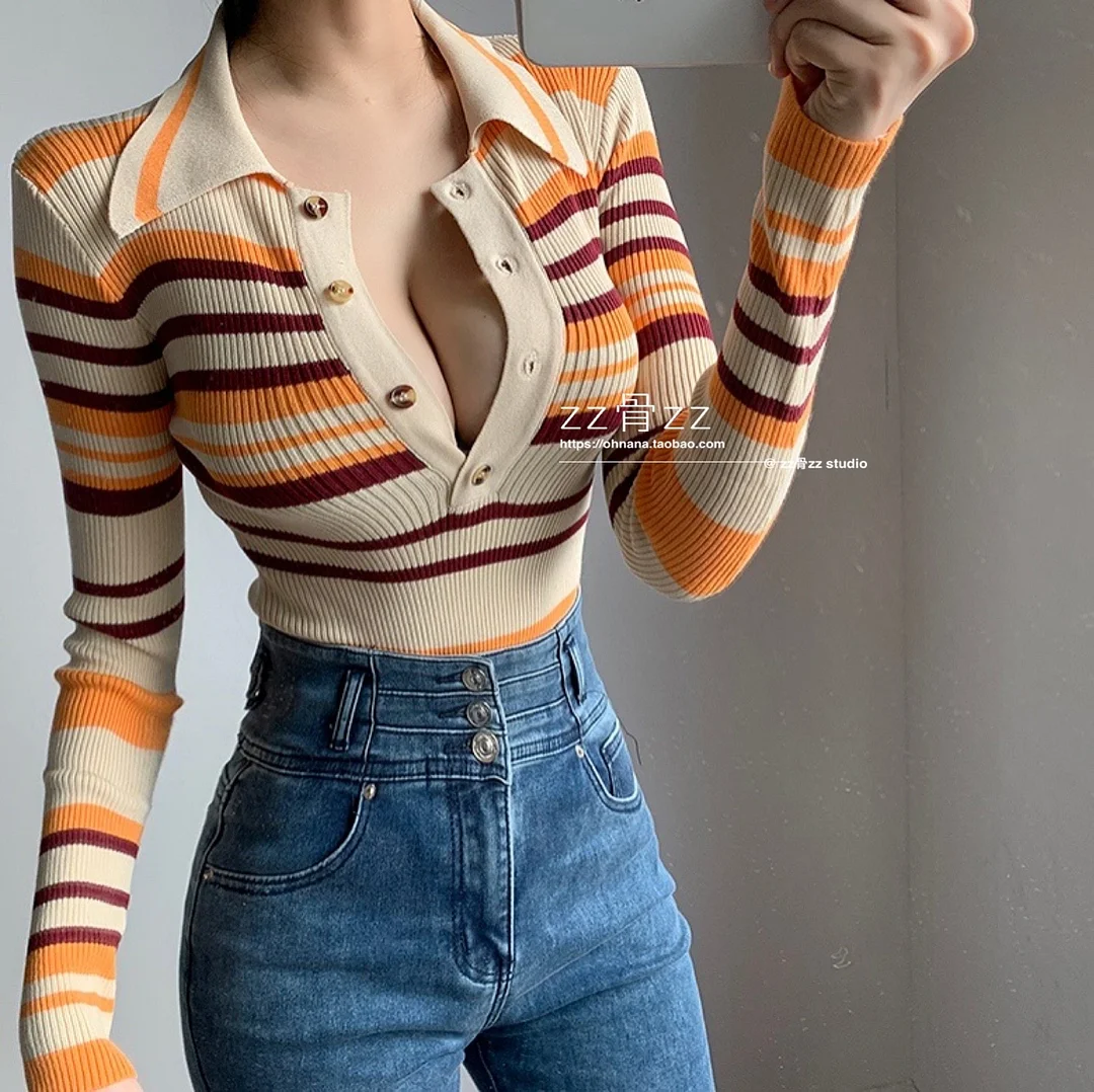 WOMENGAGA Fashion French Lapel Stripe Color Matching Slim Bottom Long Sleeve Tops Knitting Hot  Girl Female Bodysuits X157