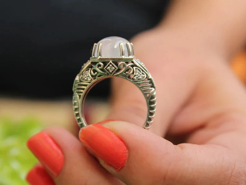 Vintage Art deco Moonstone Ring, Round Cab Moonstone Oxidized Ring  Birthstone Ring