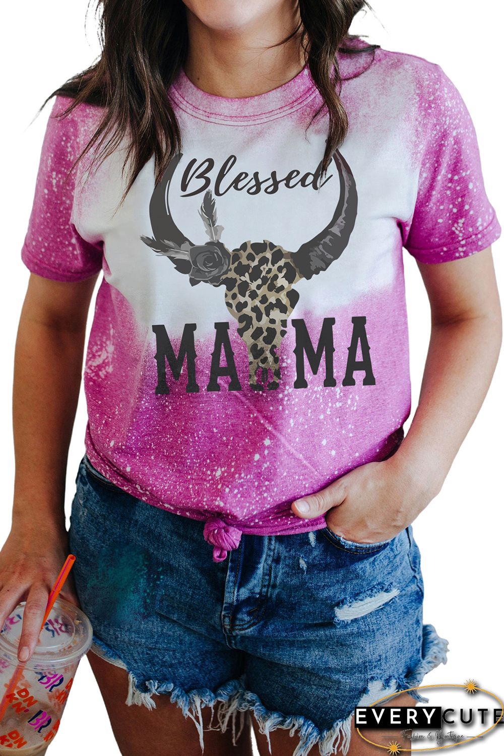 Rose Blessed MAMA Western Bull Graphic Bleached T Shirt