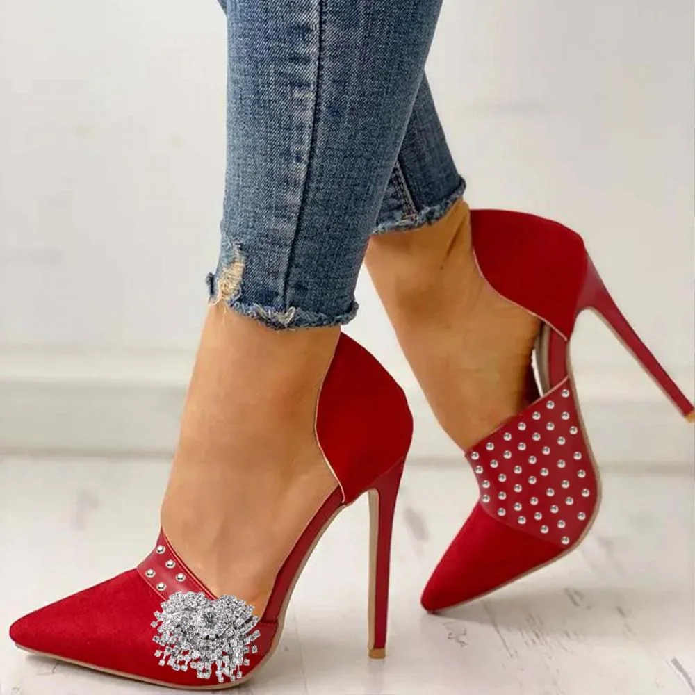 Red Suede D'orsay Stiletto Pumps Clear Vamp With Rhinestones Nicepairs
