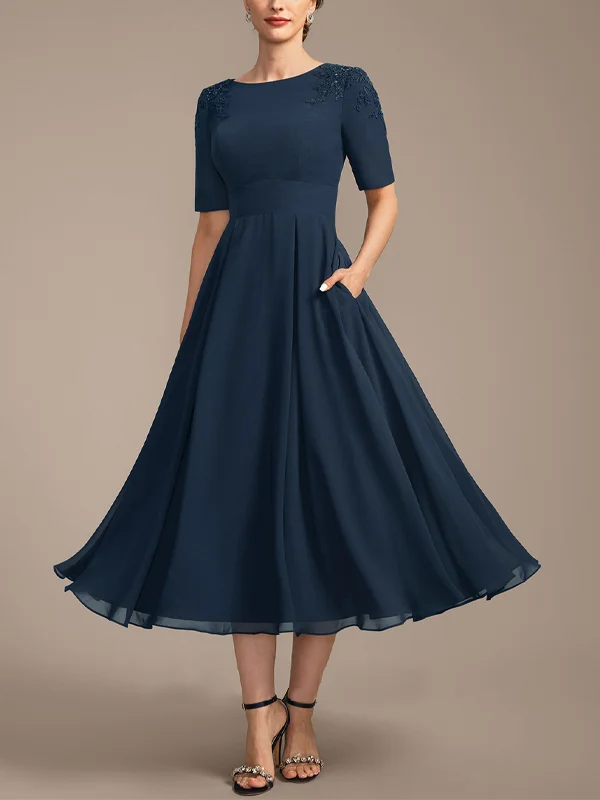 Round Neck Short Sleeve Solid Color Midi Dress
