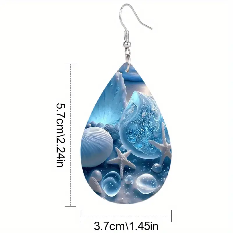 droplet shape fantasy blue shell pattern dangle earrings boho ocean style vacation earrings details 3