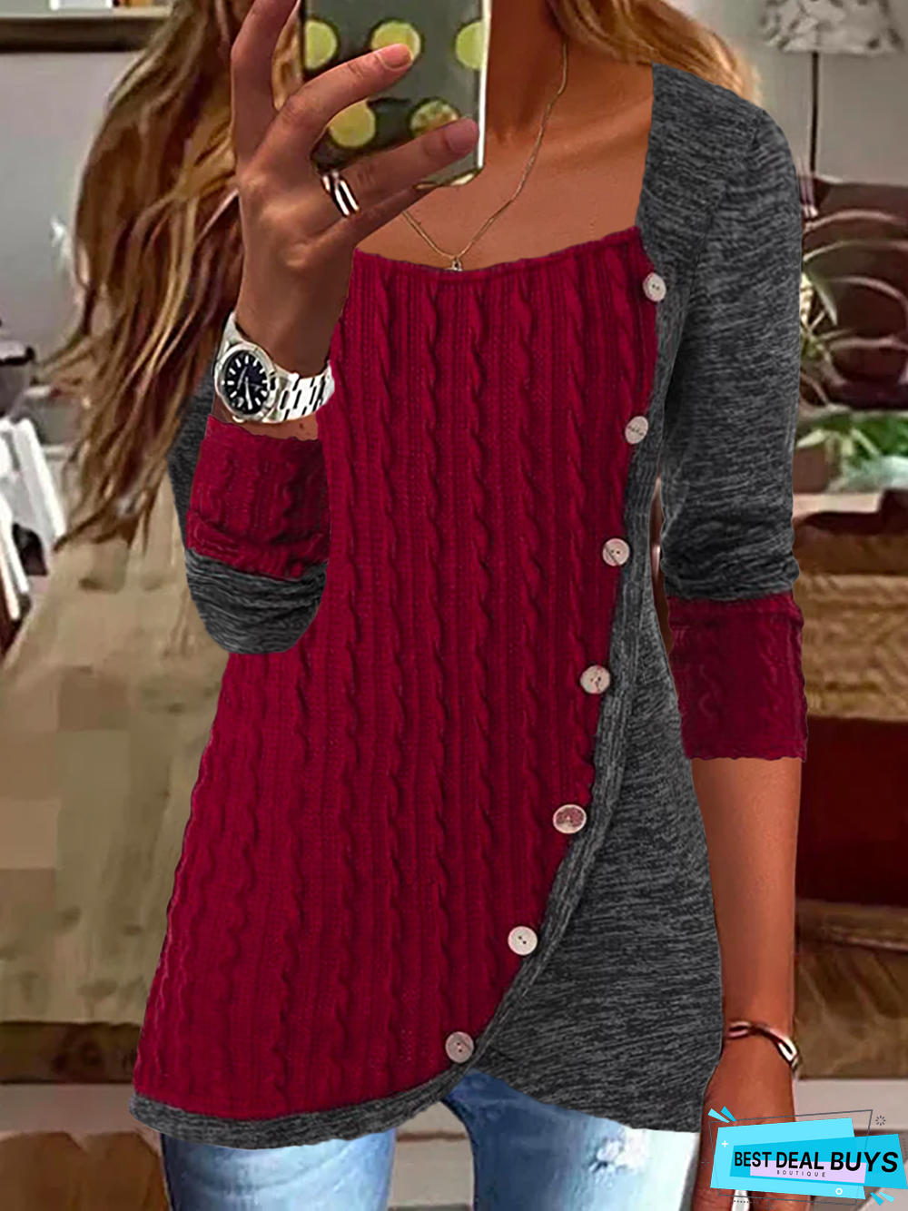 Christmas Casual Buttoned Long Sleeve Tunic Top