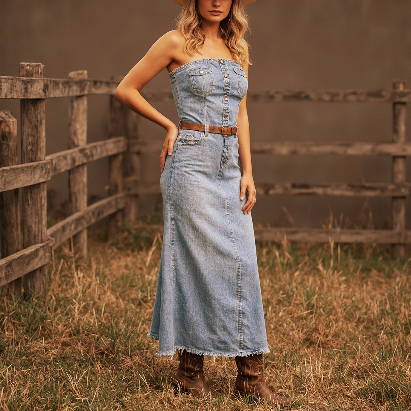 Women's Vintage Cowboy Rustic Elegance: Denim Maxi Dress With Cowboy Hat
