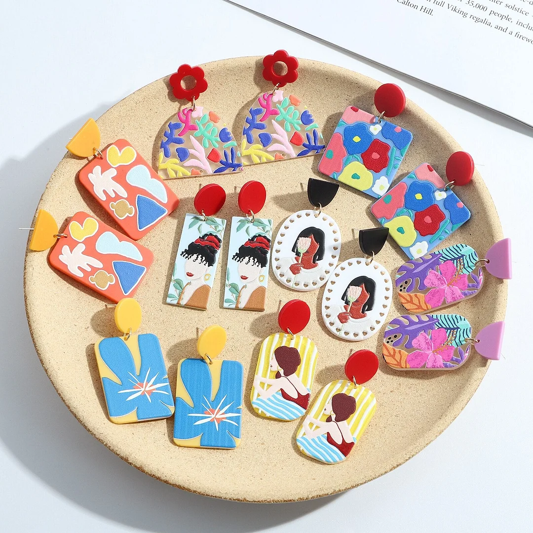 Dvacaman 2021 Fashion Multi-type Geometric Hand Painted Cartoon Fruits Flower Acrylic Resin Drop Earrings Women Colorful Jewelry