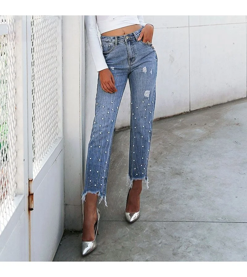 Women Fashion Irregular Tassel Leg Opening Straight Ripped Jeans
