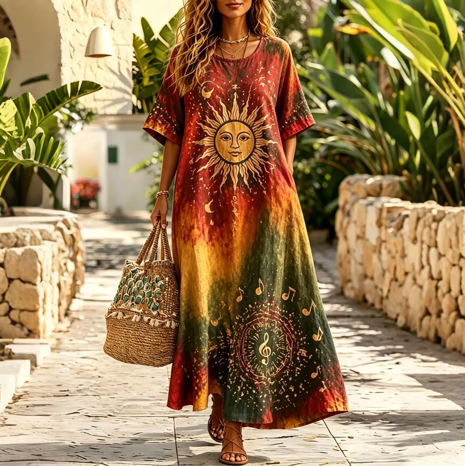 Women's Tie-dye Hippie Music Print Short-sleeve Round Neck Dress elevenforest