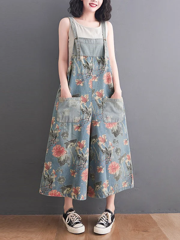 Split-Joint Floral Printed Buttoned Wide Leg Oversize Overalls Ninth Pants