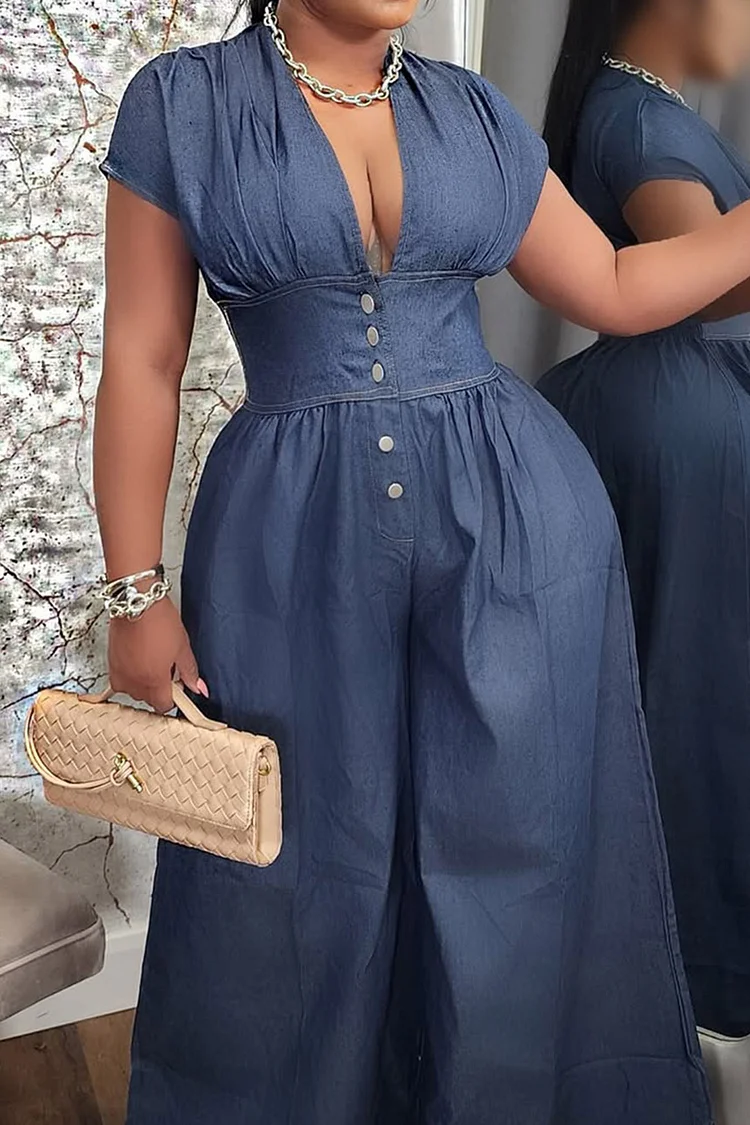 Plus Size Vacation Blue Casual V Neck Button Wide Leg Tencel Denim Jumpsuits [Pre-Order]