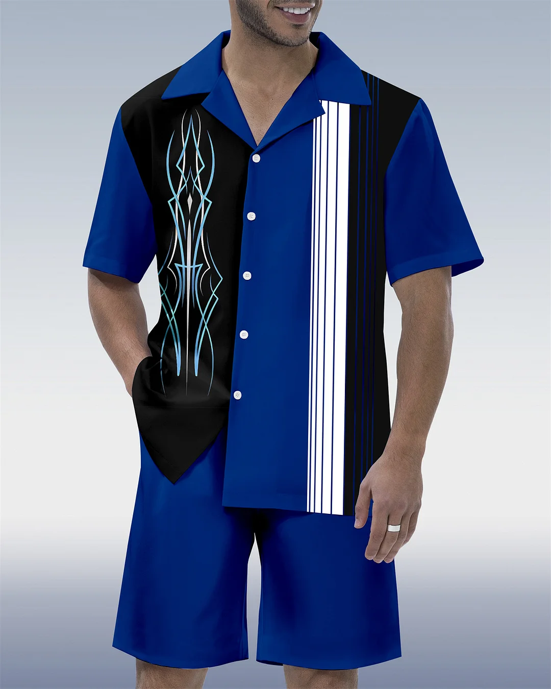 Men's Modified Car Party Hawaiian Cuban Collar Short Sleeve Shirt Set 02