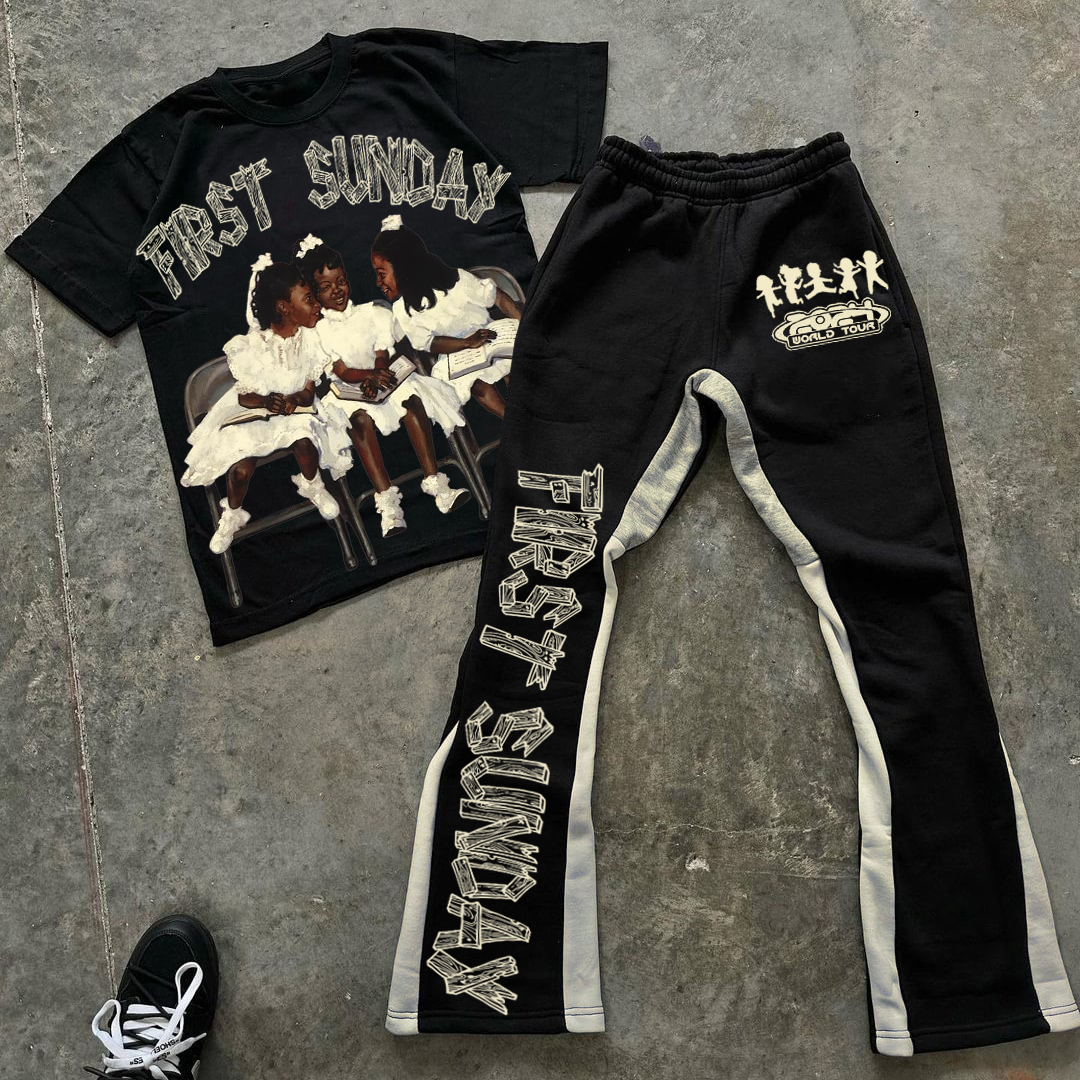 Sopula Vintage First Sunday Faith Graphic 100% Cotton Tee & Colorblock Flared Trousers Two Piece Set