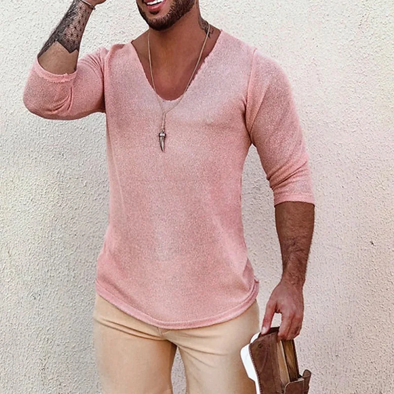 Mongw Mongw And Fall New Men's V-Neck T-Shirt Men's Fashion Short-Sleeved Jacket Knit Sweater Male