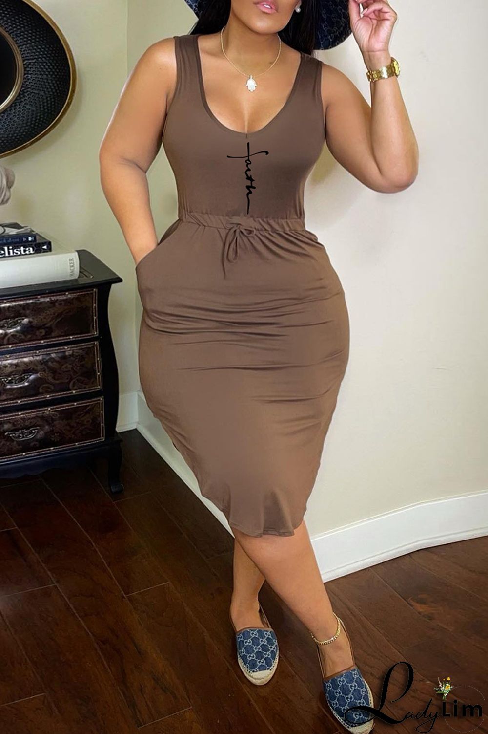 Black Fashion Casual Print Basic U Neck Vest Dress