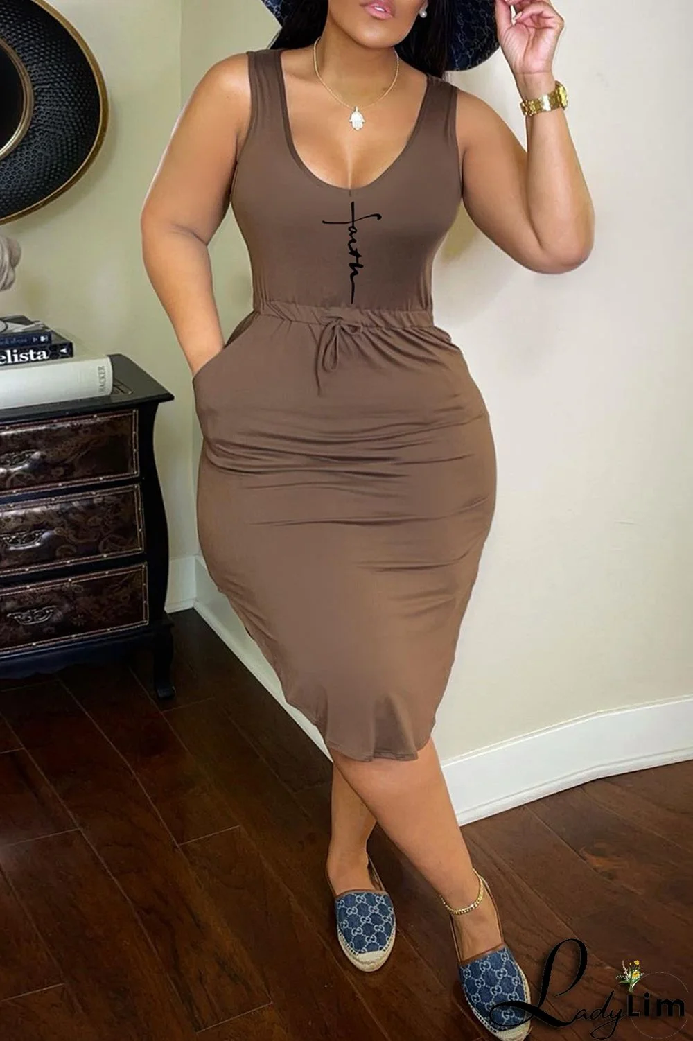 Black Fashion Casual Print Basic U Neck Vest Dress