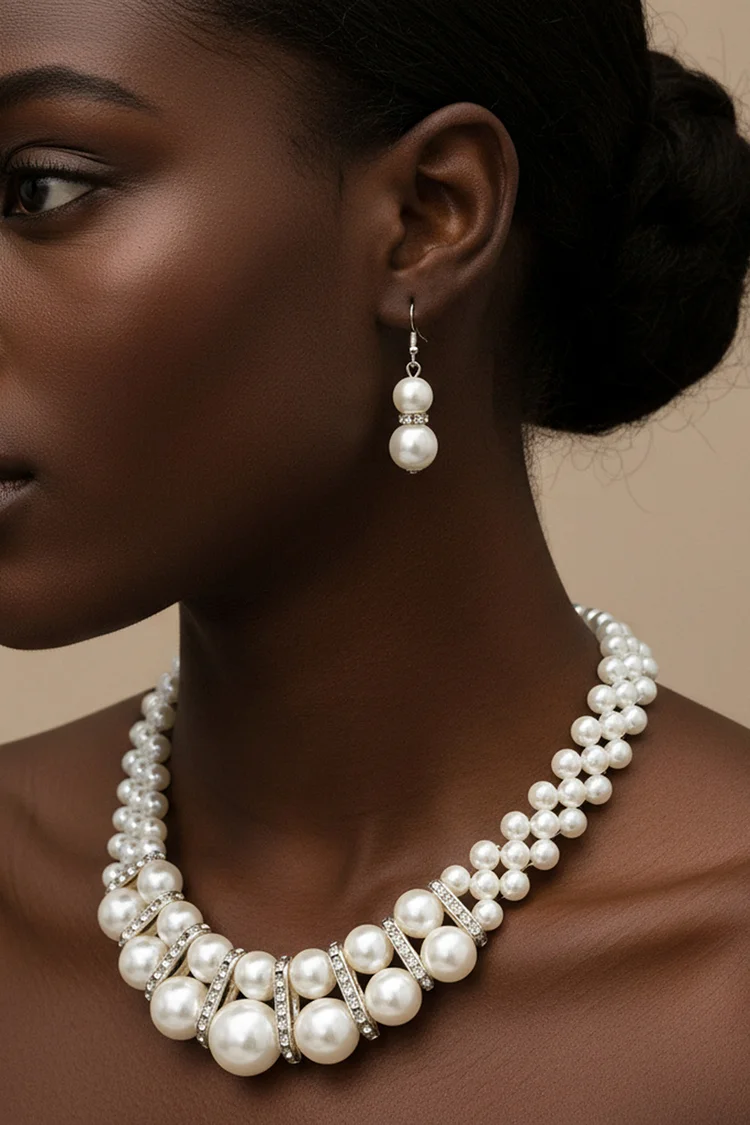Elegant Double Layered Rhinestone Pearls Necklace Earrings Two Pieces Jewelry Set 2024 - Xpluswear