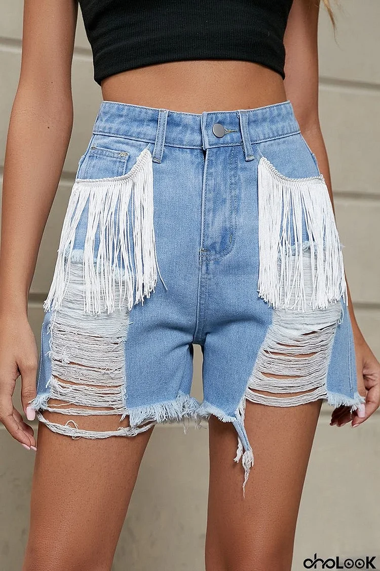 Casual Simplicity Solid Tassel Ripped Straight Denim Shorts