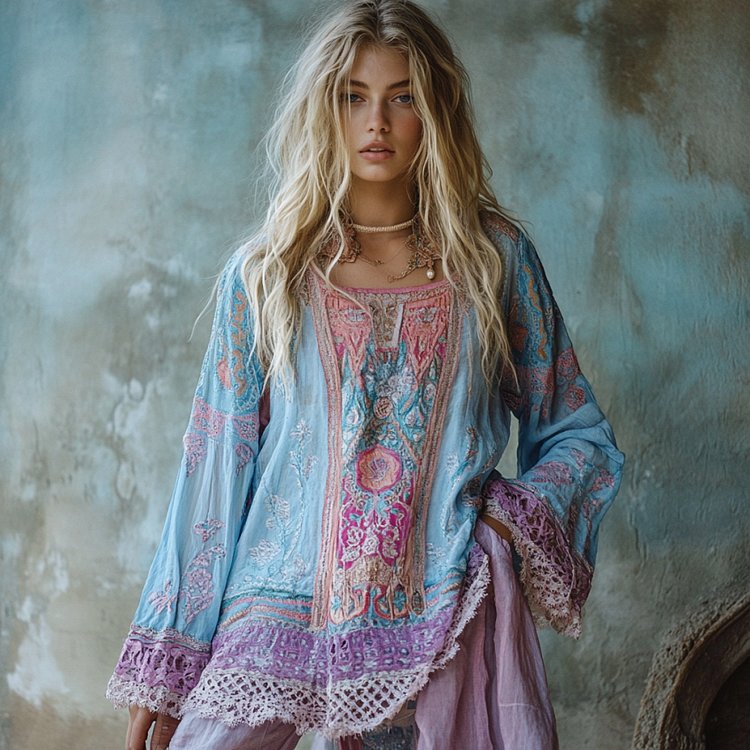 Utbros Retro Bohemian Boho Purple Floral Embroidered Color Block Patchwork Linen Blend Loose Tunic