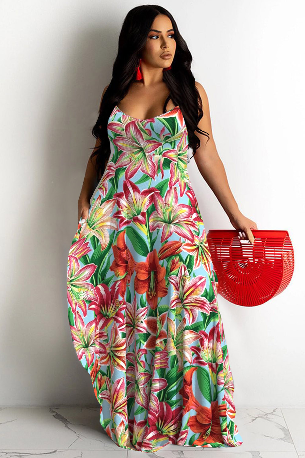 Design Plus Size Vacation Purple Floral V Neck Sleeveless Maxi Dresses [Pre-Order]