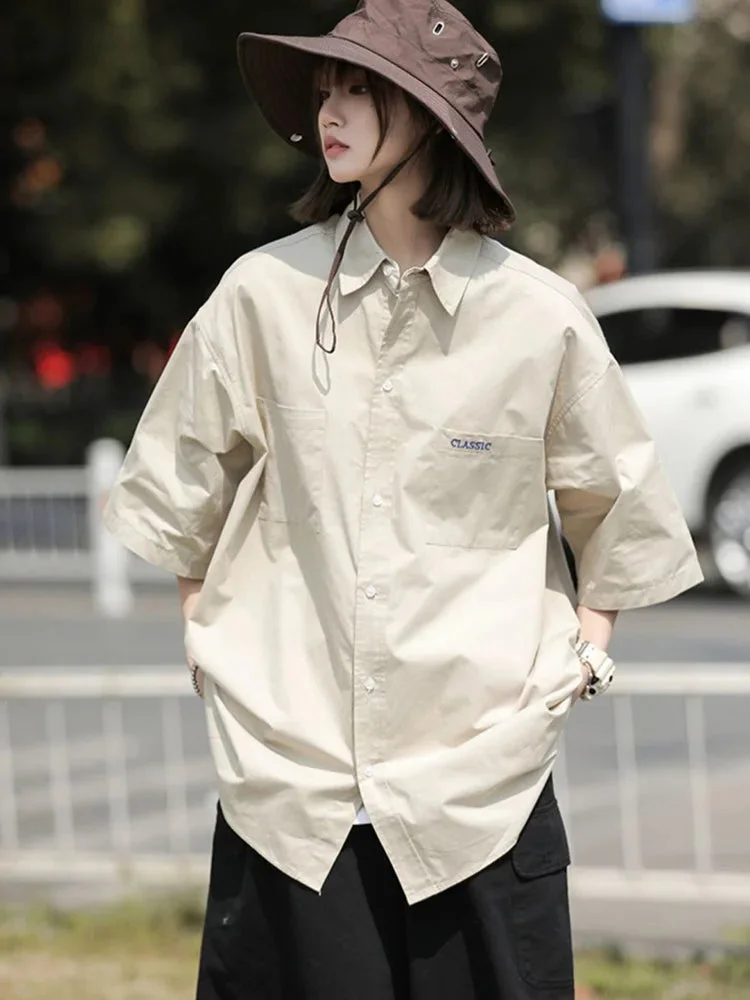 Oocharger Japan Bf Harajuku Cargo Shirt Chic Letter Print Short Sleeve Women Oversize Blouse Preppy Style Pocket Simple Design Tops