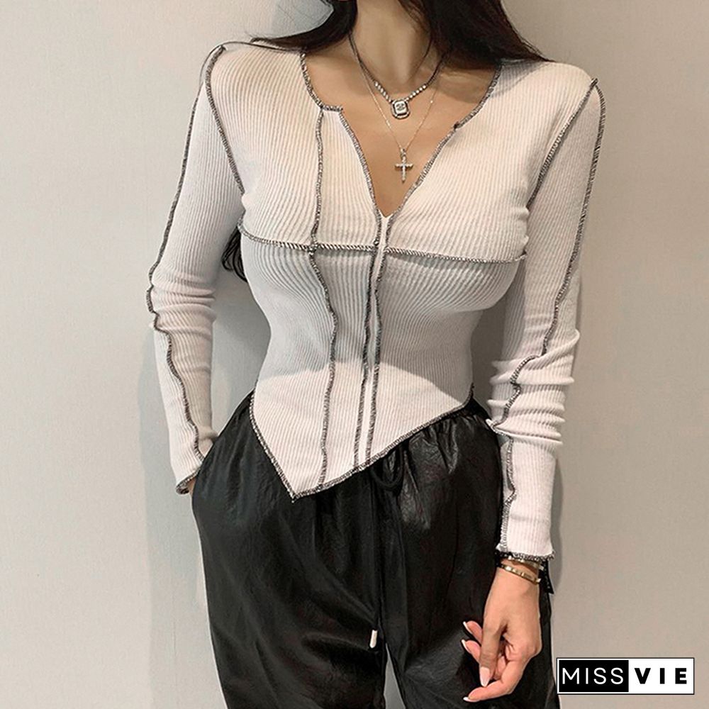 Y2K Korean Sexy Split Line Tops Tee Retro Grunge Chic Patchwork Slim Shirts Autumn Solid Long Sleeves Tshirt Woman