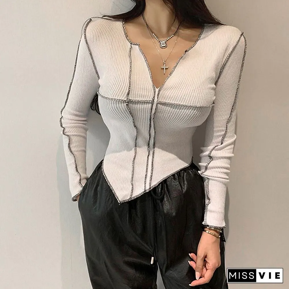 Y2K Korean Sexy Split Line Tops Tee Retro Grunge Chic Patchwork Slim Shirts Autumn Solid Long Sleeves Tshirt Woman