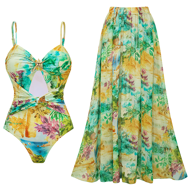 カンヌマリーナ Landscape Prints Hollow One Piece Swimsuit and Skirt