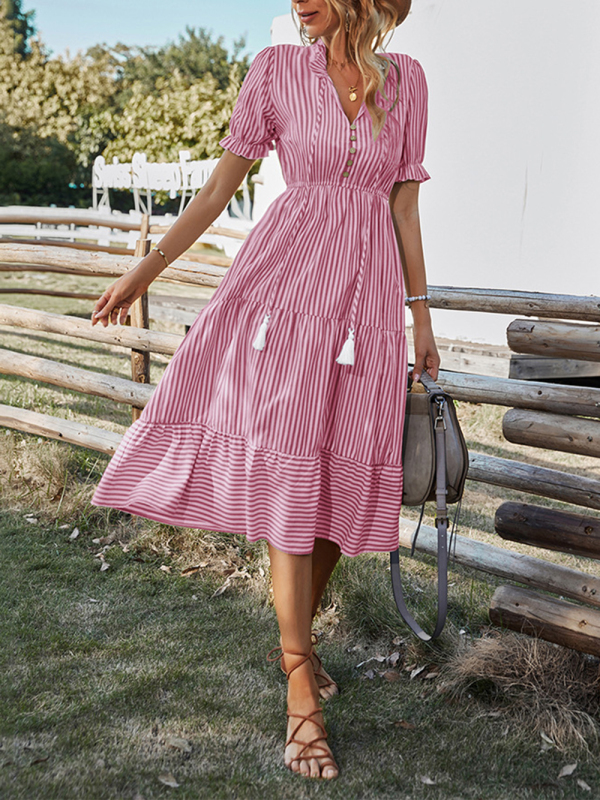 Mature Women Casual Summer Striped Dress Temperament Waist Waist Tie Dress