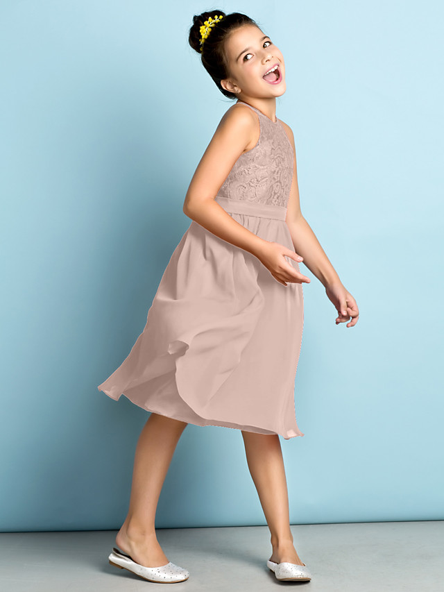 Daisda A-Line Jewel Neck Knee Length  Flower Girl Dress With Lace 