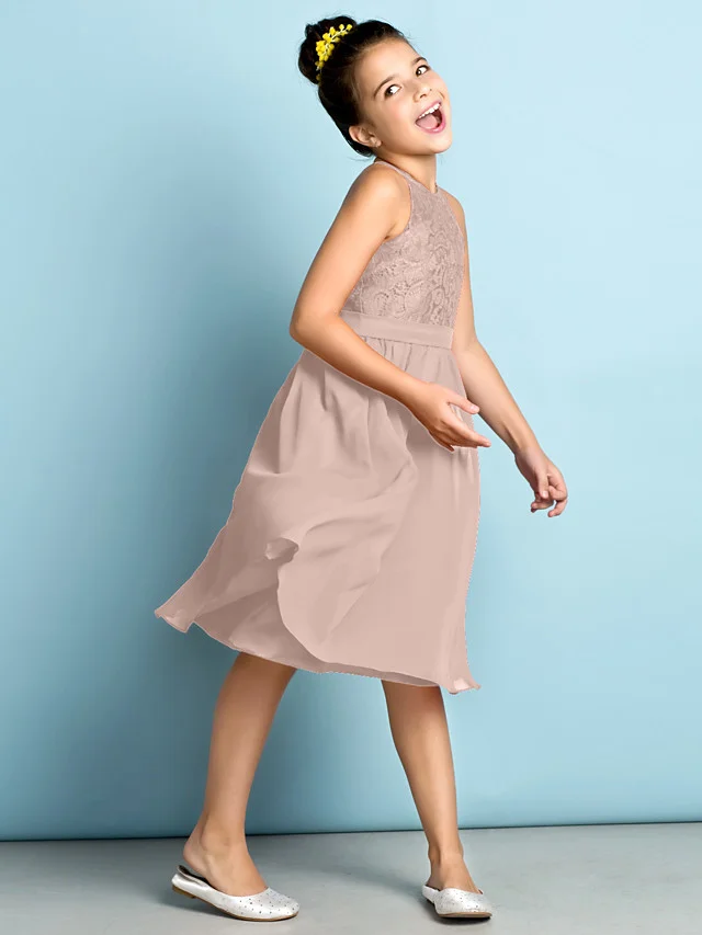 Daisda A-Line Jewel Neck Knee Length  Flower Girl Dress With Lace 
