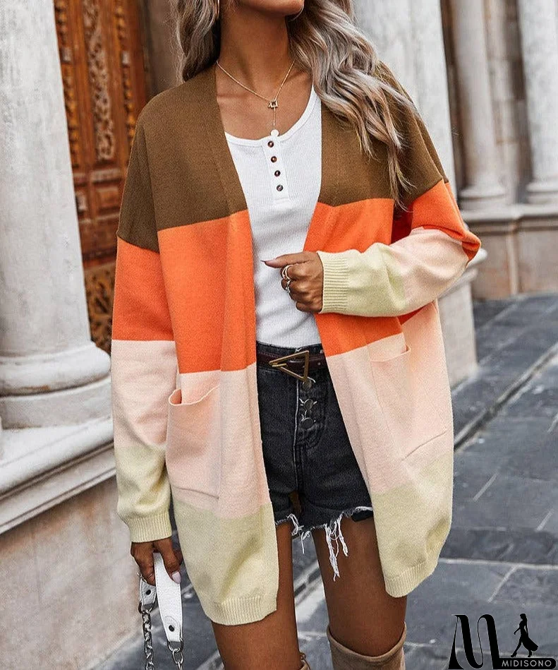 MidiSono - Color Block Open Front Cardigan