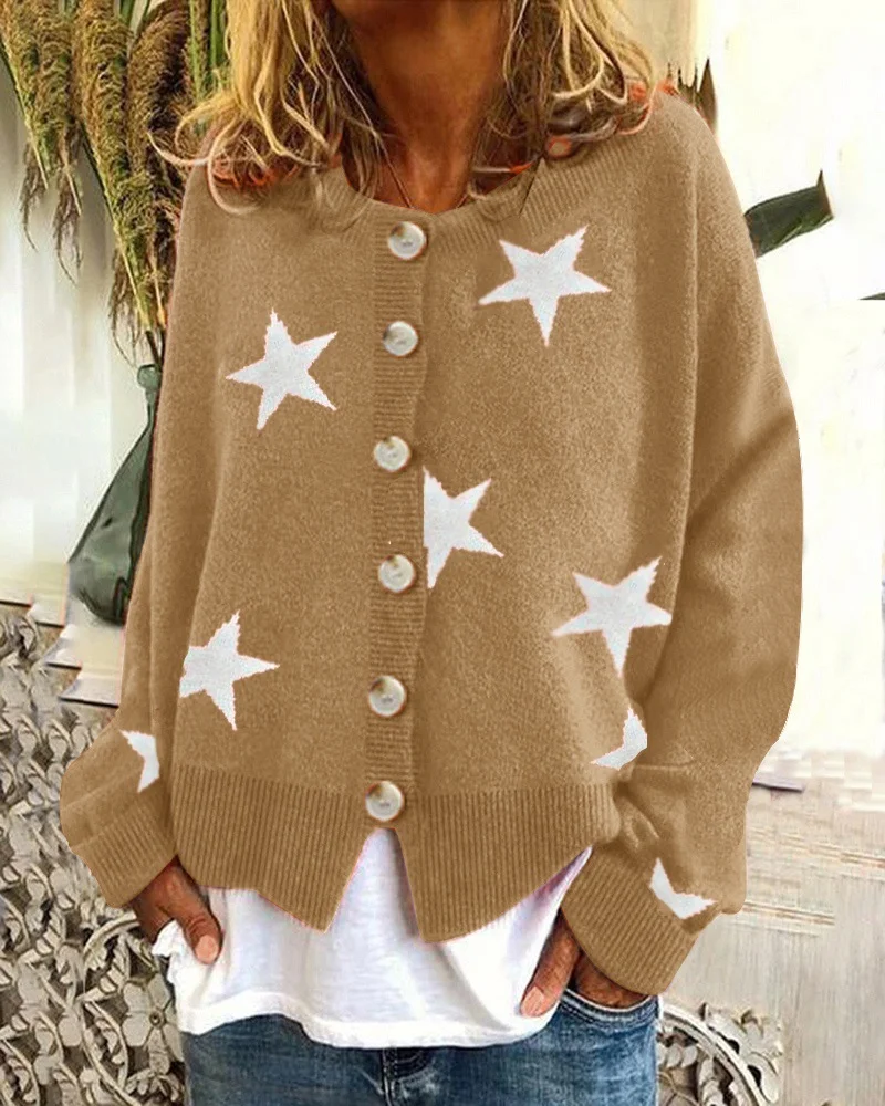 Mongw Mongw And Winter New Sweater Women's Cardigan Five-Pointed Star Single Breasted Top