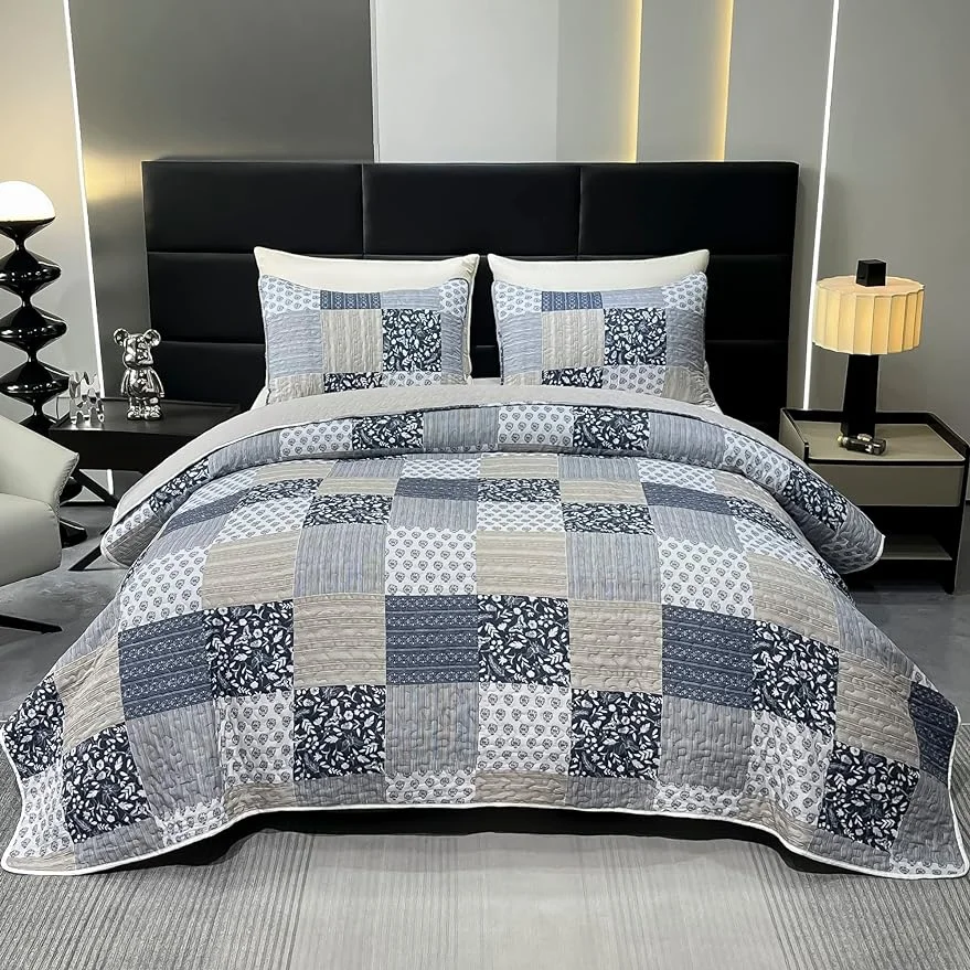 Qucover Quilt Set Grey Floral Quilted Bedspread Coverlet Set 3-Piece Lightweight Reversible Comforter Stitched Bedding Set Bed Sheet Cover Blanket with 2 Pillow Shams