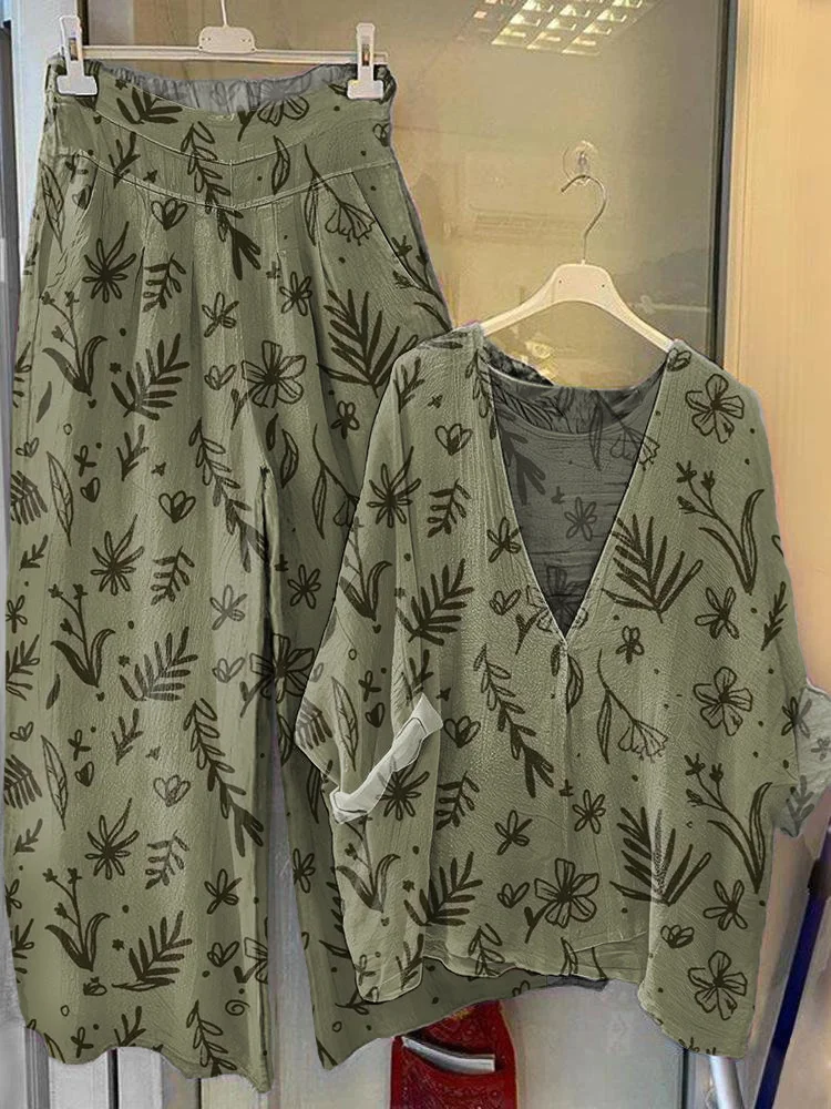 Women's Vintage Floral Art Printed V-Neck Top Wide-Leg Pants Cotton Linen Suit
