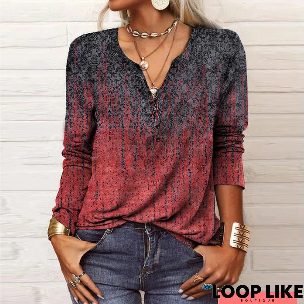 Casual Cotton-Blend V Neck Blouse