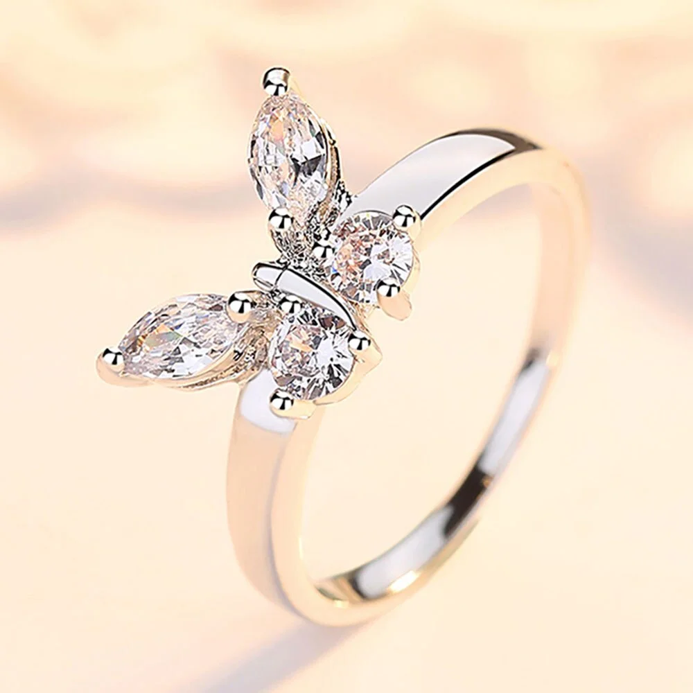 Romantic Cute Butterfly Shape Crystal Zircon Ring Women Bridel Wedding Dazzling Shiny Ring Engegament Date Love Token Gift