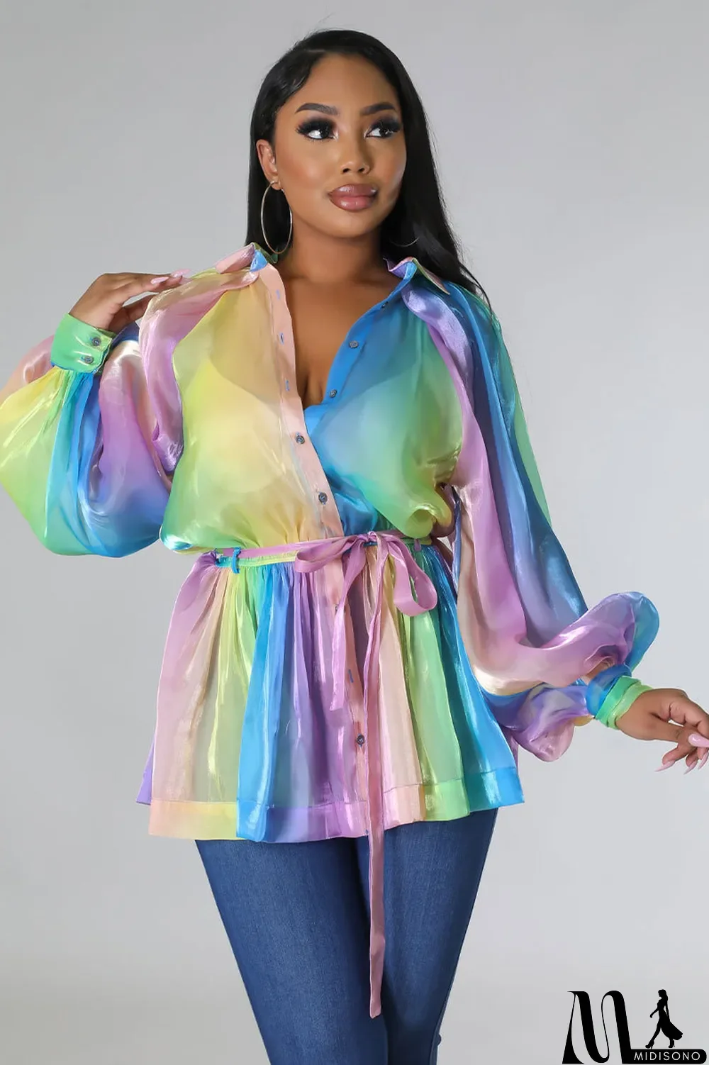 MidiSono - Casual Long Sleeve Loose Shirt